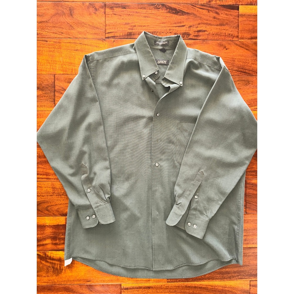 ARROW Mens Button Down Shirt Long Sleeve Green Button Up Size 16 16.5 32 33 L